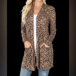 New zenana tan stretchy leopard print thin cardigan with pockets